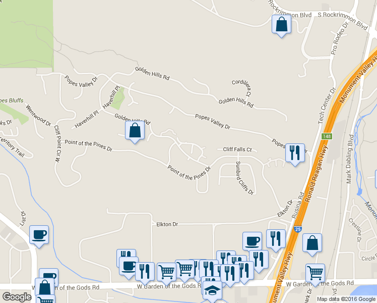 map of restaurants, bars, coffee shops, grocery stores, and more near 645 Autumn Crest Circle in Colorado Springs