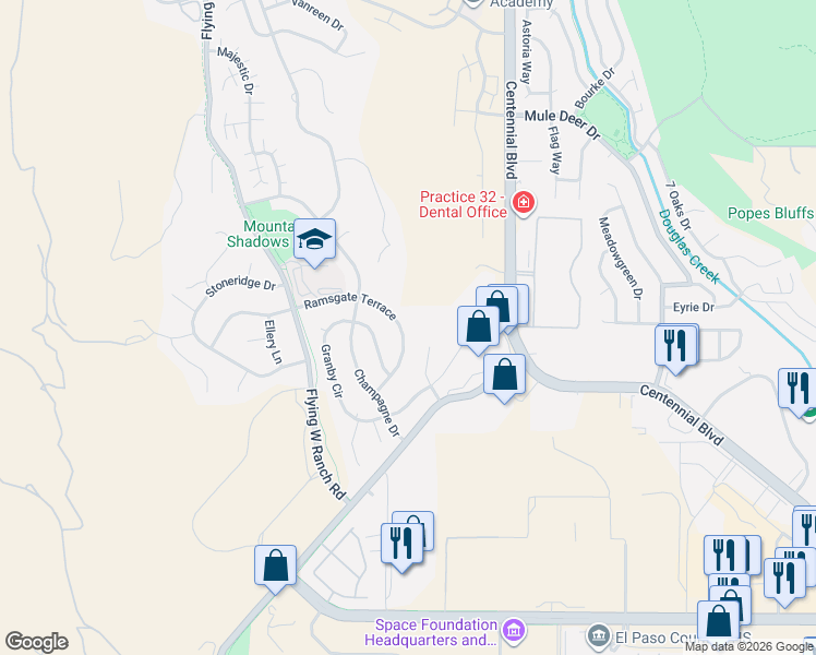 map of restaurants, bars, coffee shops, grocery stores, and more near 2225 Ramsgate Terrace in Colorado Springs