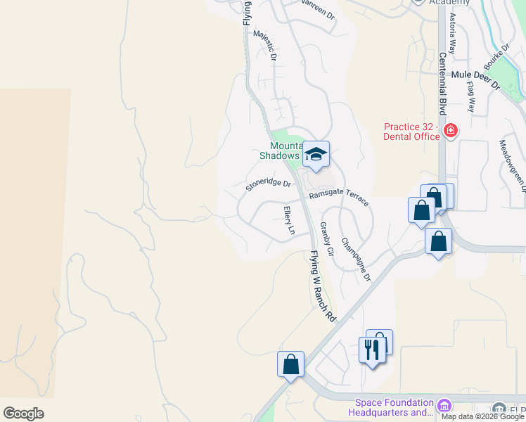 map of restaurants, bars, coffee shops, grocery stores, and more near 2430 Denby Way in Colorado Springs