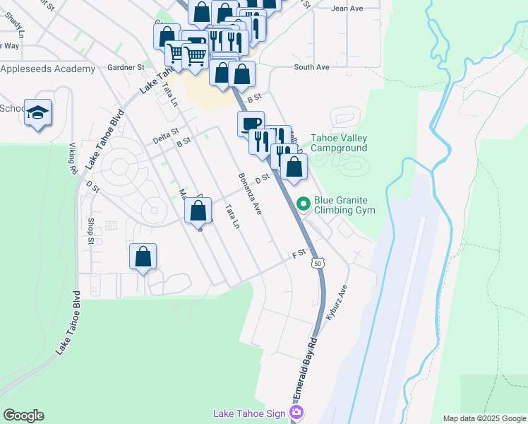 map of restaurants, bars, coffee shops, grocery stores, and more near 1223 Bonanza Avenue in South Lake Tahoe