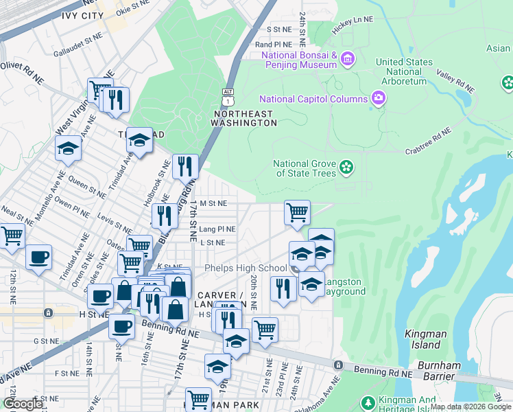 map of restaurants, bars, coffee shops, grocery stores, and more near 101 Independence Avenue Southeast in Washington
