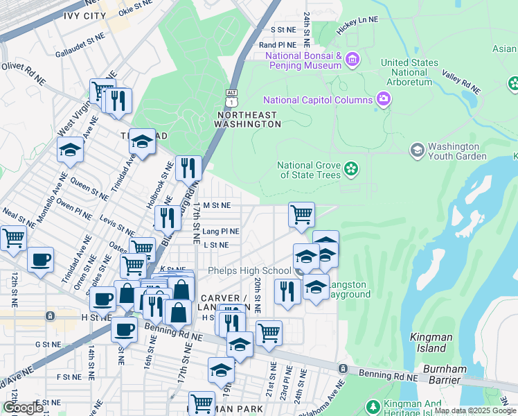 map of restaurants, bars, coffee shops, grocery stores, and more near 101 Independence Avenue Southeast in Washington