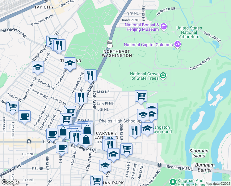 map of restaurants, bars, coffee shops, grocery stores, and more near 101 Independence Avenue Southeast in Washington
