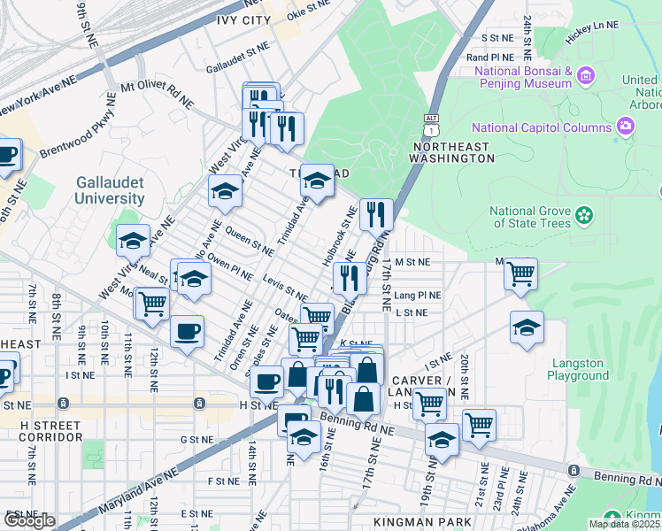 map of restaurants, bars, coffee shops, grocery stores, and more near 1609 Holbrook Street Northeast in Washington