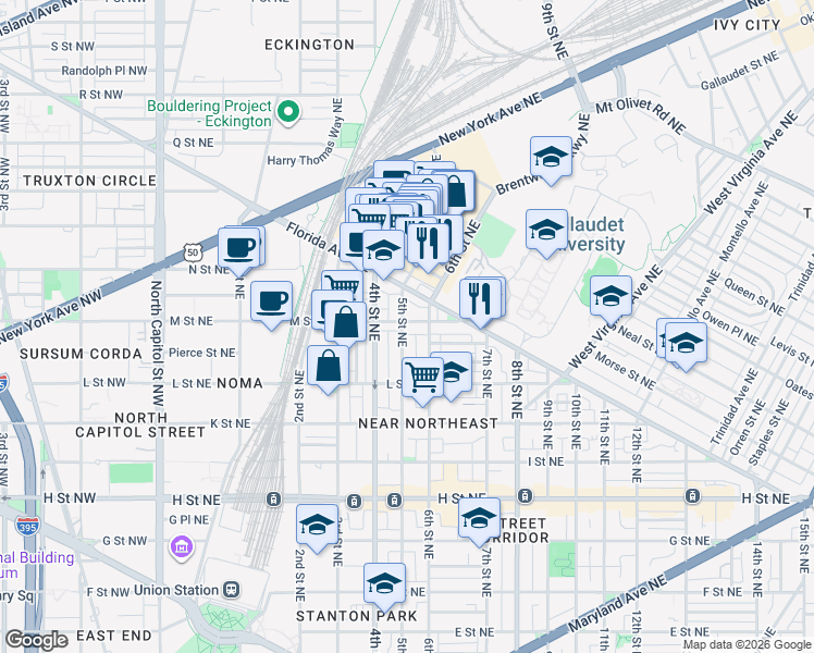 map of restaurants, bars, coffee shops, grocery stores, and more near 101 Independence Avenue Southeast in Washington