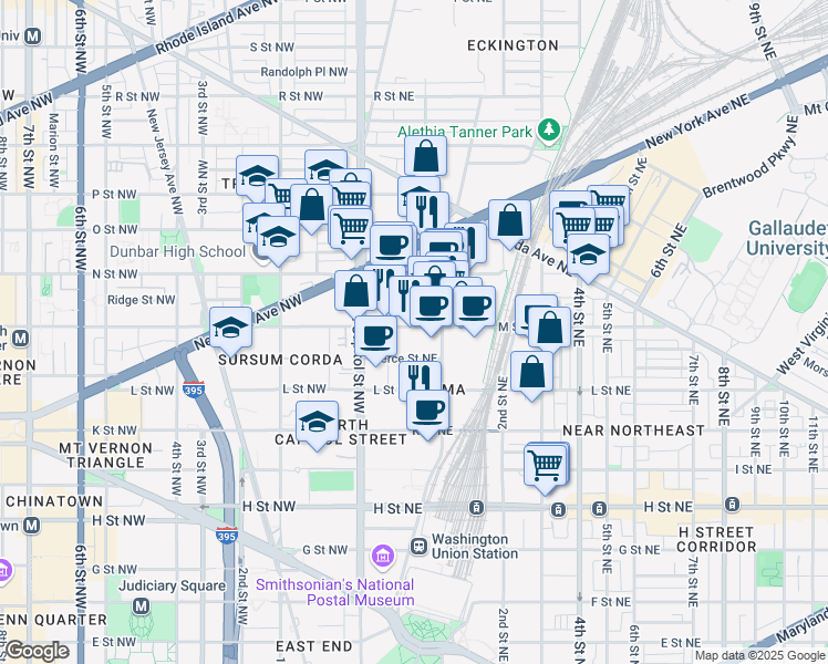 map of restaurants, bars, coffee shops, grocery stores, and more near 101 Independence Avenue Southeast in Washington