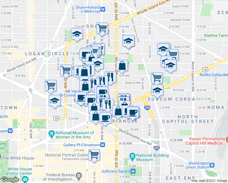 map of restaurants, bars, coffee shops, grocery stores, and more near 101 Independence Avenue Southeast in Washington