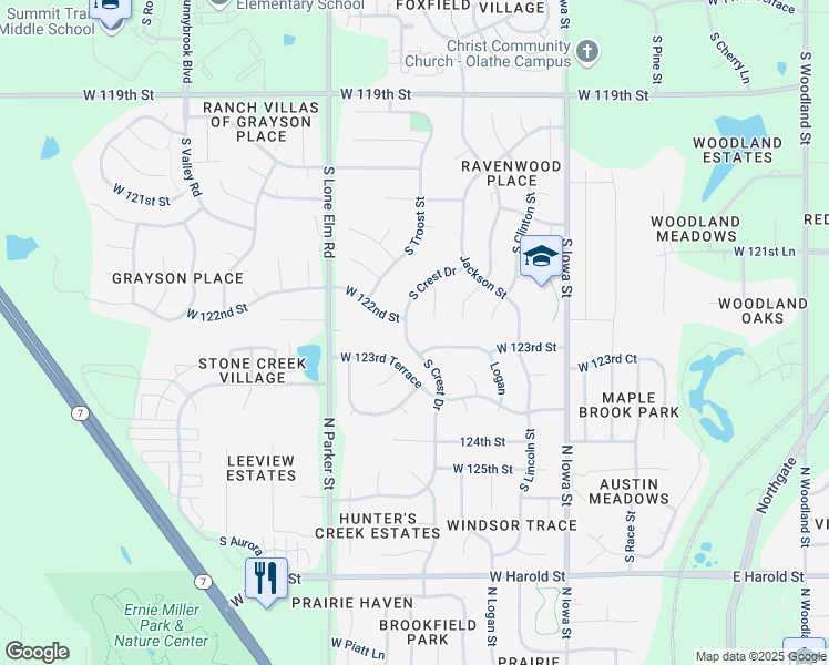 map of restaurants, bars, coffee shops, grocery stores, and more near 12289 South Crest Drive in Olathe