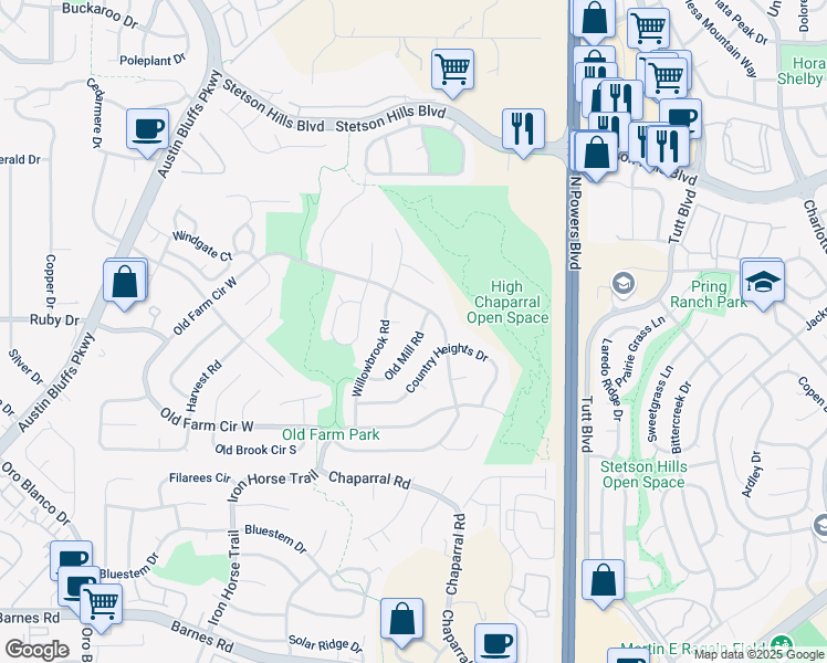 map of restaurants, bars, coffee shops, grocery stores, and more near 5095 Old Mill Road in Colorado Springs