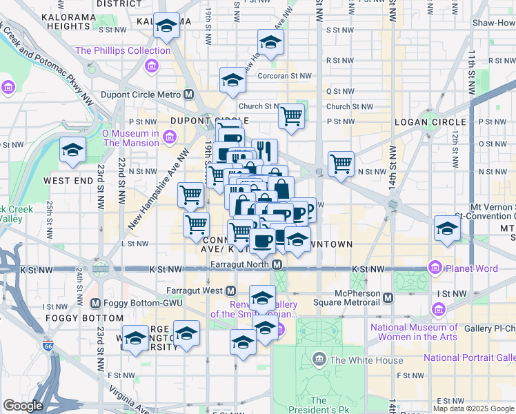 map of restaurants, bars, coffee shops, grocery stores, and more near 1742 M Street Northwest in Washington