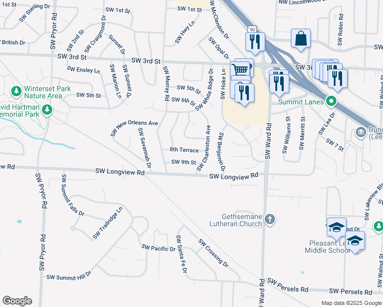 map of restaurants, bars, coffee shops, grocery stores, and more near 1409 Southwest 8 Terrace in Lee's Summit