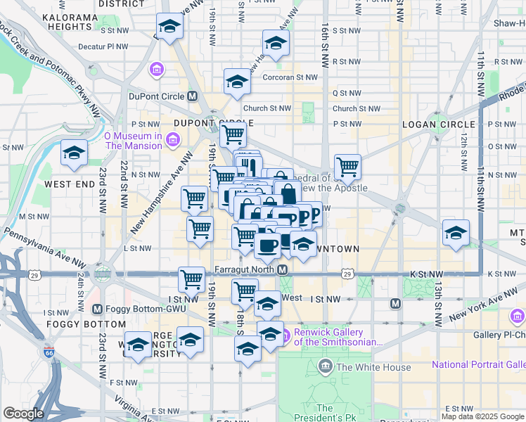 map of restaurants, bars, coffee shops, grocery stores, and more near 1742 M Street Northwest in Washington