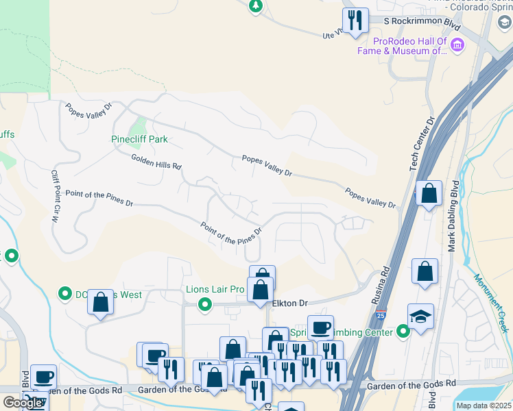 map of restaurants, bars, coffee shops, grocery stores, and more near 550 Autumn Crest Circle in Colorado Springs