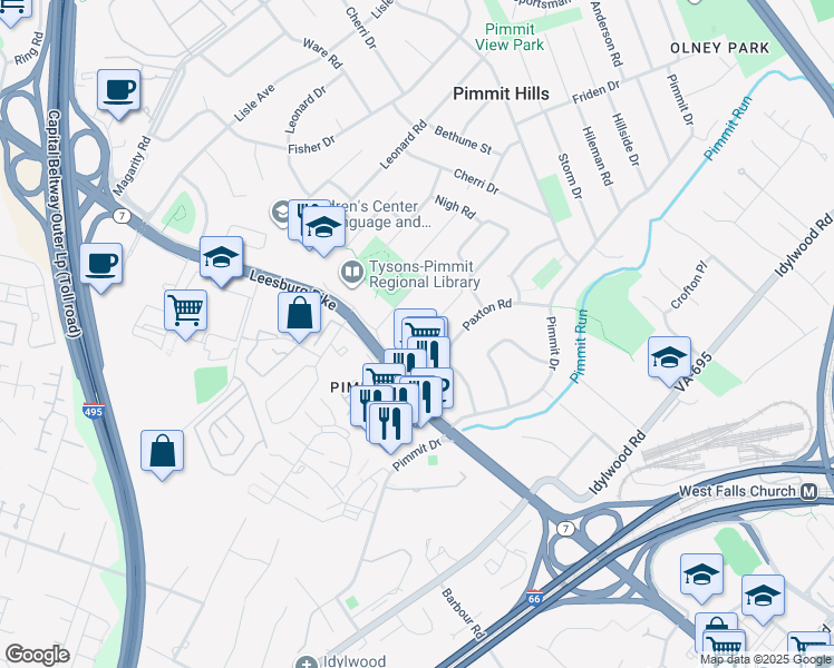 map of restaurants, bars, coffee shops, grocery stores, and more near 2010 Peach Orchard Drive in Falls Church