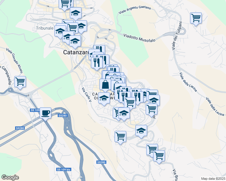 map of restaurants, bars, coffee shops, grocery stores, and more near 151-159 Corso Giuseppe Mazzini in Catanzaro