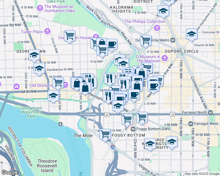 map of restaurants, bars, coffee shops, grocery stores, and more near 2501 M Street Northwest in Washington