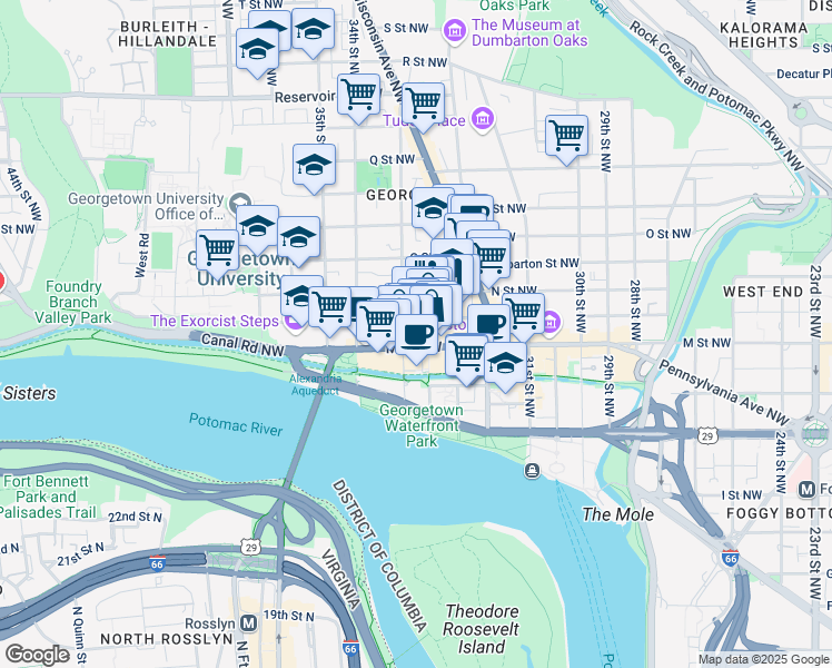 map of restaurants, bars, coffee shops, grocery stores, and more near 1200 Potomac Street Northwest in Washington