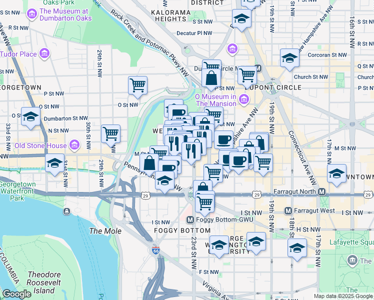 map of restaurants, bars, coffee shops, grocery stores, and more near 2311 M Street Northwest in Washington