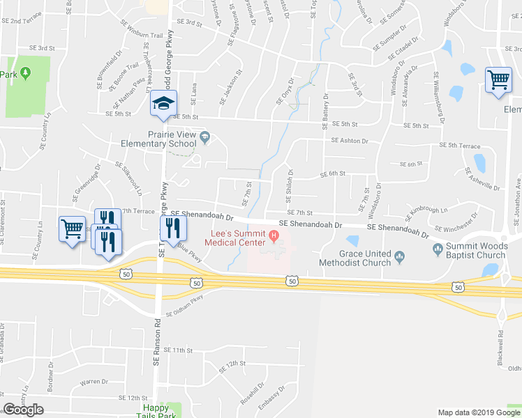 map of restaurants, bars, coffee shops, grocery stores, and more near 652 Southeast Ashton Drive in Lee's Summit