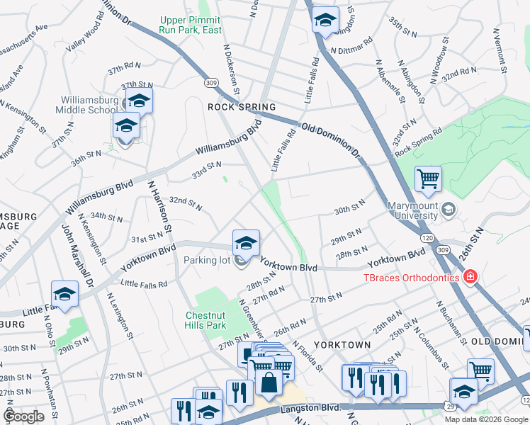 map of restaurants, bars, coffee shops, grocery stores, and more near 3015 North Edison Street in Arlington