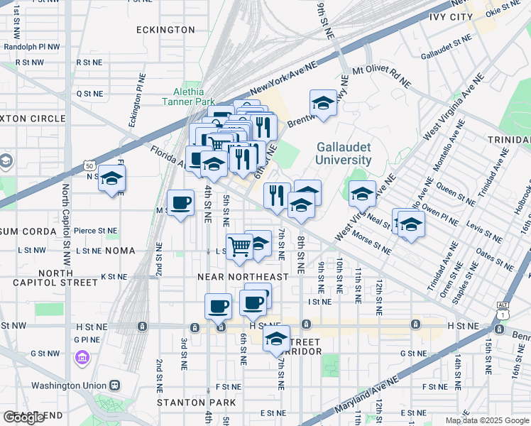map of restaurants, bars, coffee shops, grocery stores, and more near 621 Florida Avenue Northwest in Washington