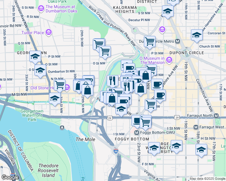 map of restaurants, bars, coffee shops, grocery stores, and more near 2501 M Street Northwest in Washington