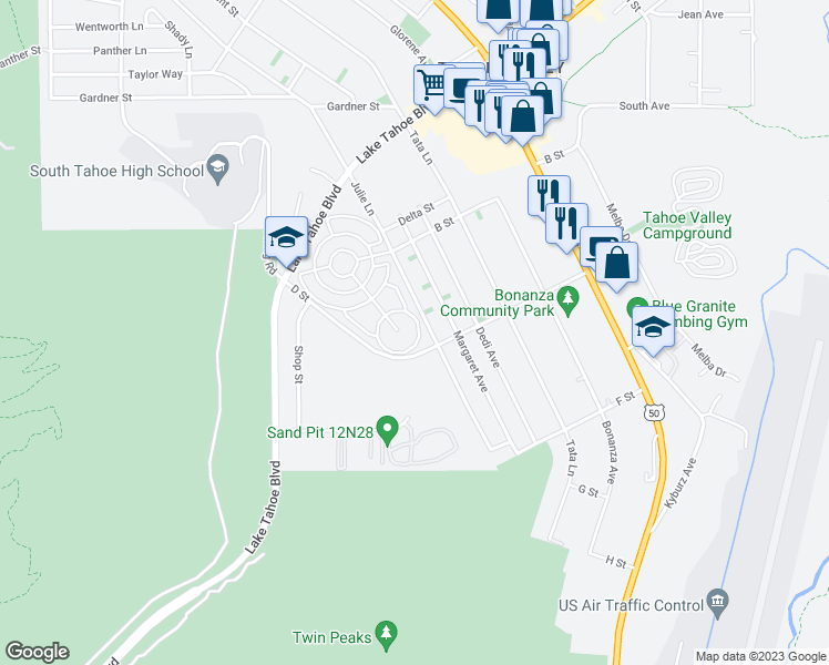 map of restaurants, bars, coffee shops, grocery stores, and more near 1081 Julie Lane in South Lake Tahoe