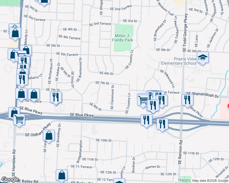 map of restaurants, bars, coffee shops, grocery stores, and more near 1405 Southeast 7th Court in Lee's Summit