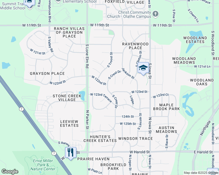 map of restaurants, bars, coffee shops, grocery stores, and more near 12289 South Crest Drive in Olathe