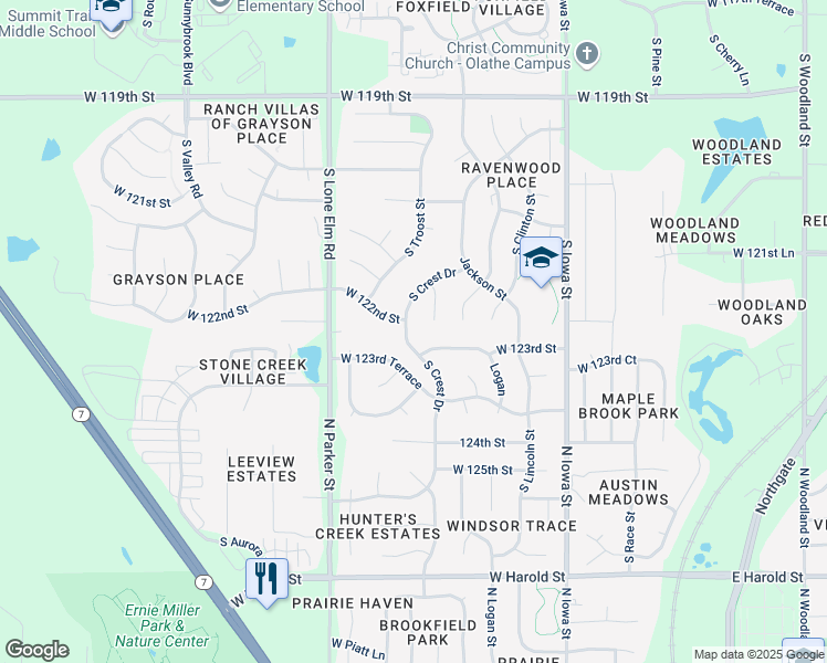 map of restaurants, bars, coffee shops, grocery stores, and more near 12289 South Crest Drive in Olathe
