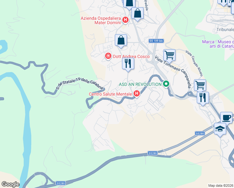 map of restaurants, bars, coffee shops, grocery stores, and more near 32 Viale Barlaam da Seminara in Catanzaro