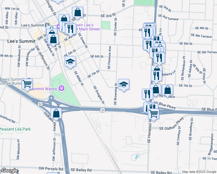 map of restaurants, bars, coffee shops, grocery stores, and more near 714 Southeast Green Street in Lee's Summit