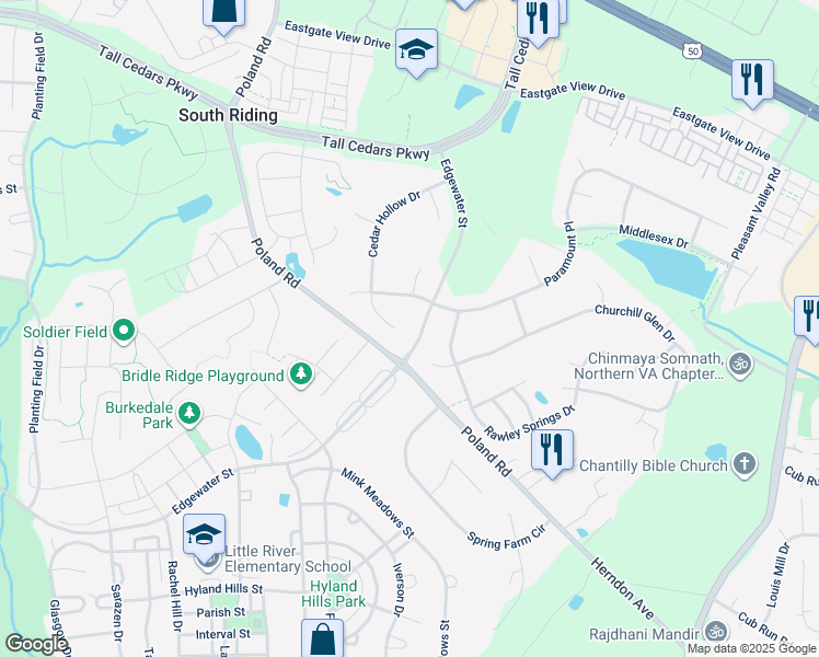 map of restaurants, bars, coffee shops, grocery stores, and more near 25604 Rocky Gap Court in Chantilly
