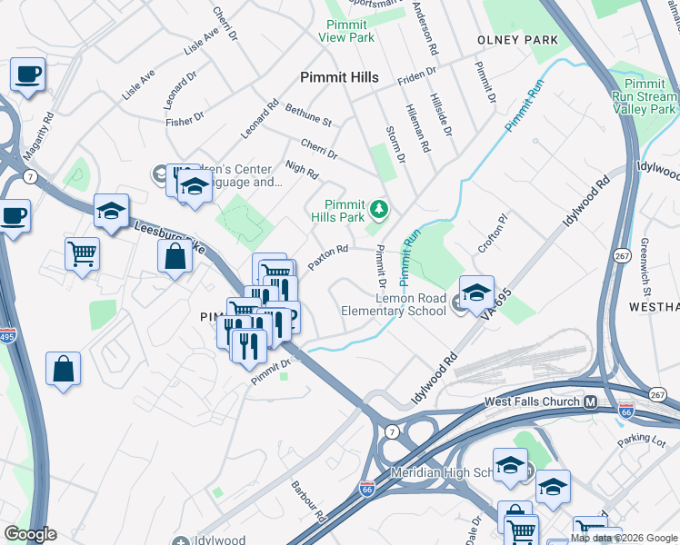 map of restaurants, bars, coffee shops, grocery stores, and more near 7402 Howard Court in Falls Church