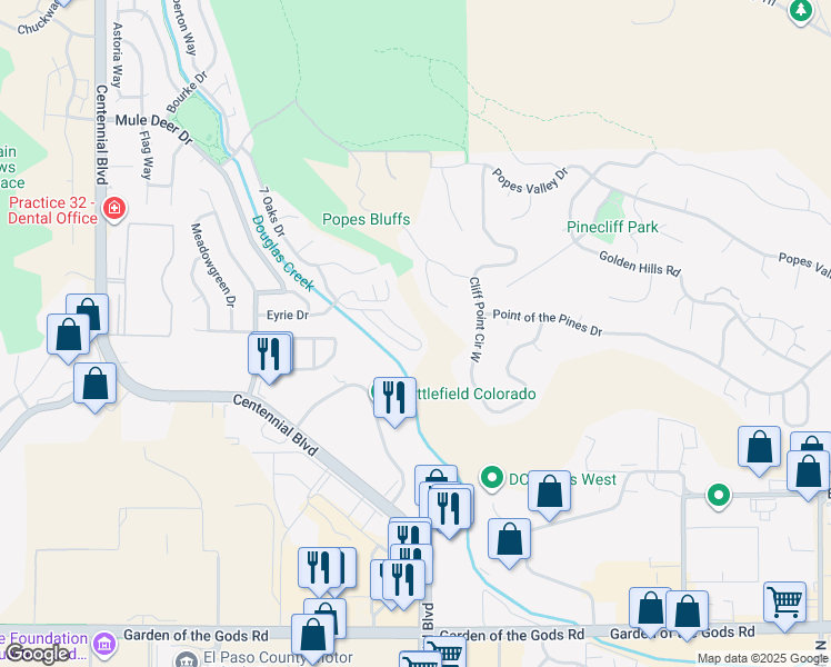 map of restaurants, bars, coffee shops, grocery stores, and more near 1445 Territory Trail in Colorado Springs