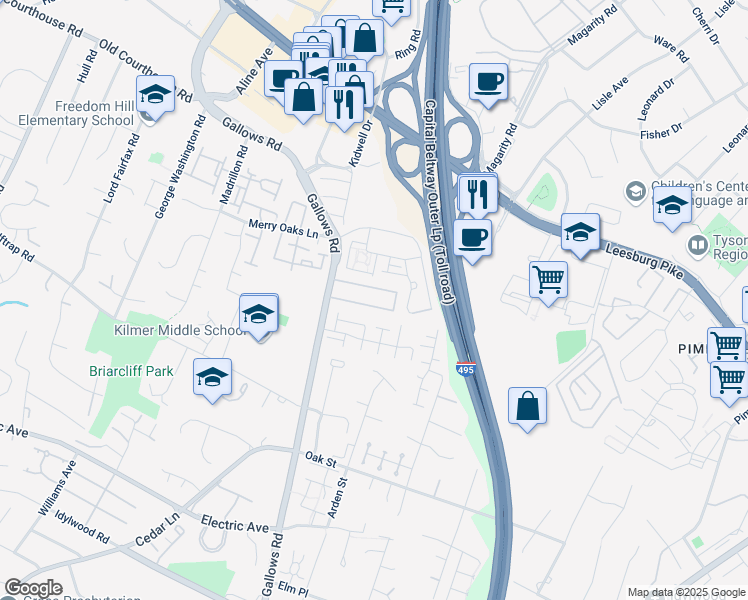 map of restaurants, bars, coffee shops, grocery stores, and more near 7994 Tyson Oaks Circle in Vienna