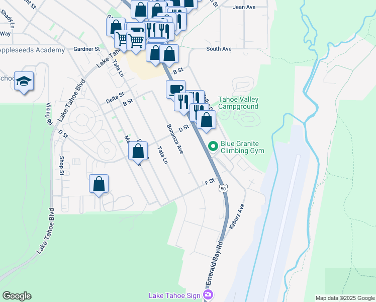 map of restaurants, bars, coffee shops, grocery stores, and more near 1223 Bonanza Avenue in South Lake Tahoe