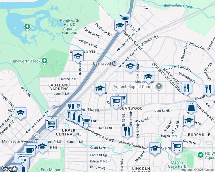 map of restaurants, bars, coffee shops, grocery stores, and more near 1122 46th Street Northeast in Washington