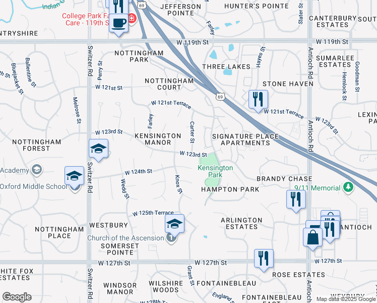 map of restaurants, bars, coffee shops, grocery stores, and more near 9600 West 123rd Street in Overland Park
