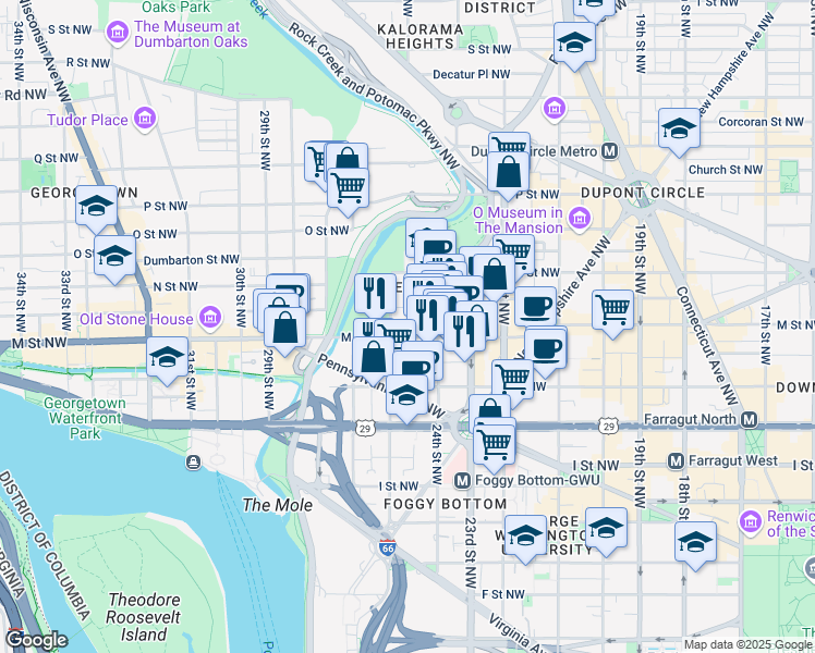 map of restaurants, bars, coffee shops, grocery stores, and more near 2445 M Street Northwest in Washington