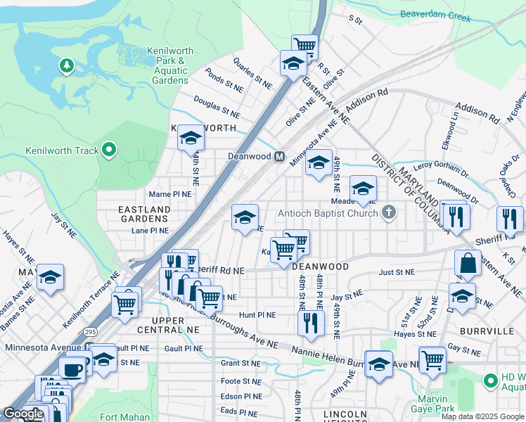 map of restaurants, bars, coffee shops, grocery stores, and more near 1122 46th Street Northeast in Washington