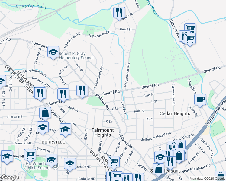map of restaurants, bars, coffee shops, grocery stores, and more near 5430 Sheriff Road in Capitol Heights
