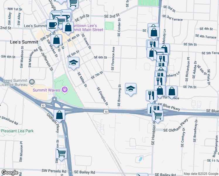 map of restaurants, bars, coffee shops, grocery stores, and more near 714 Southeast Green Street in Lee's Summit