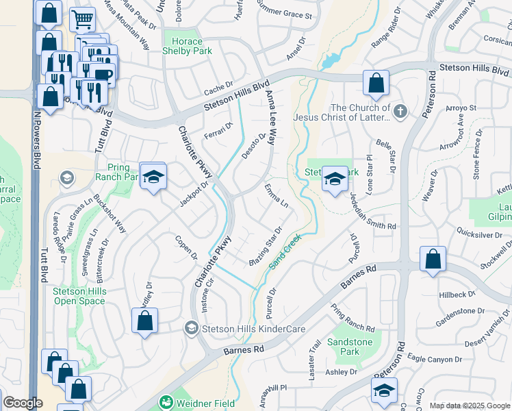 map of restaurants, bars, coffee shops, grocery stores, and more near 6165 Katy Court in Colorado Springs