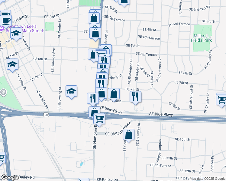 map of restaurants, bars, coffee shops, grocery stores, and more near 907 Southeast 7th Street in Lee's Summit