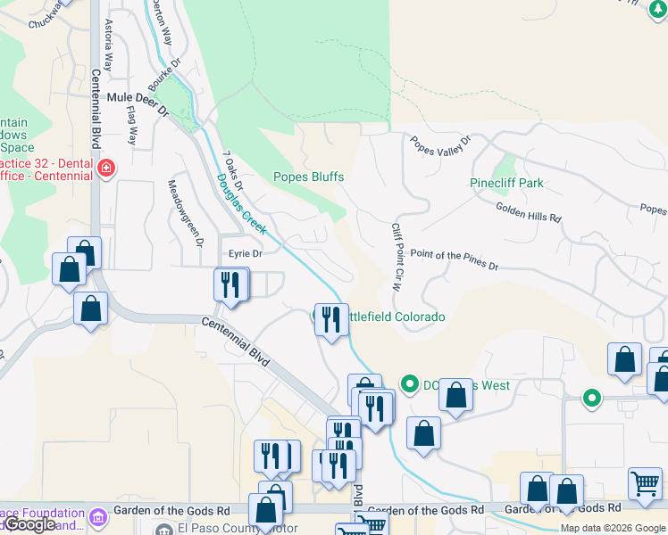 map of restaurants, bars, coffee shops, grocery stores, and more near 1445 Territory Trail in Colorado Springs