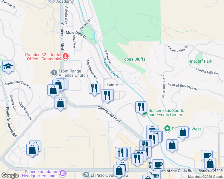 map of restaurants, bars, coffee shops, grocery stores, and more near 1610 Pinon Glen Circle in Colorado Springs