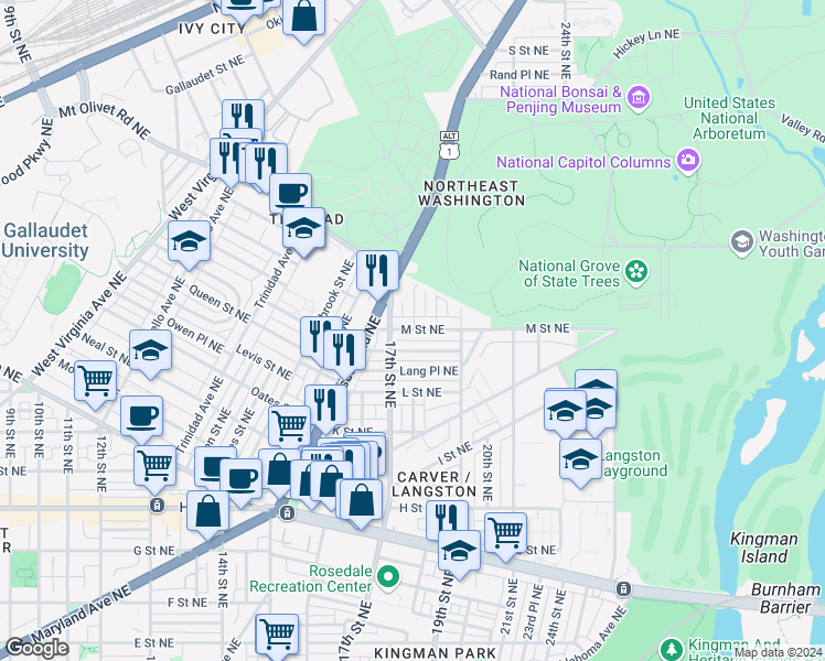 map of restaurants, bars, coffee shops, grocery stores, and more near 101 Independence Avenue Southeast in Washington