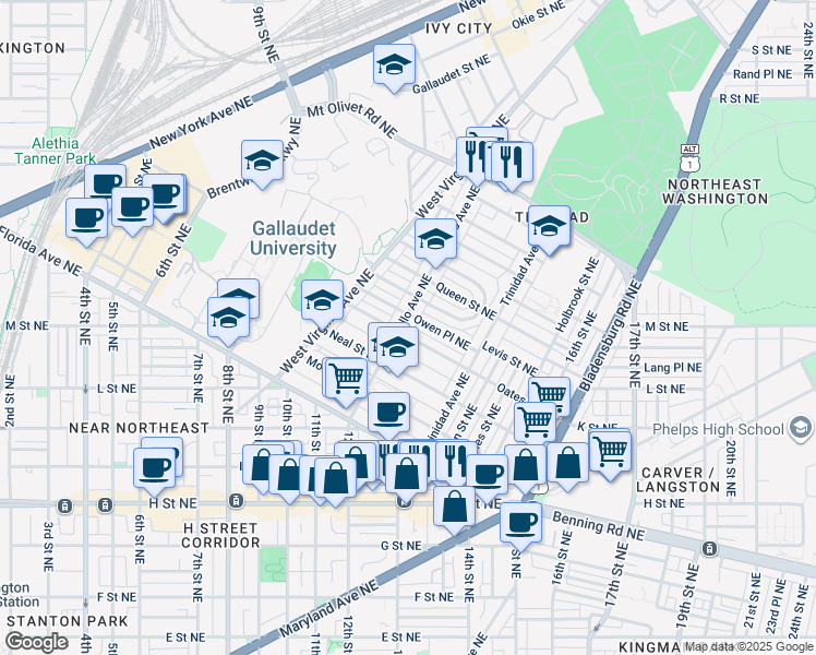 map of restaurants, bars, coffee shops, grocery stores, and more near 1405 Montello Avenue Northeast in Washington