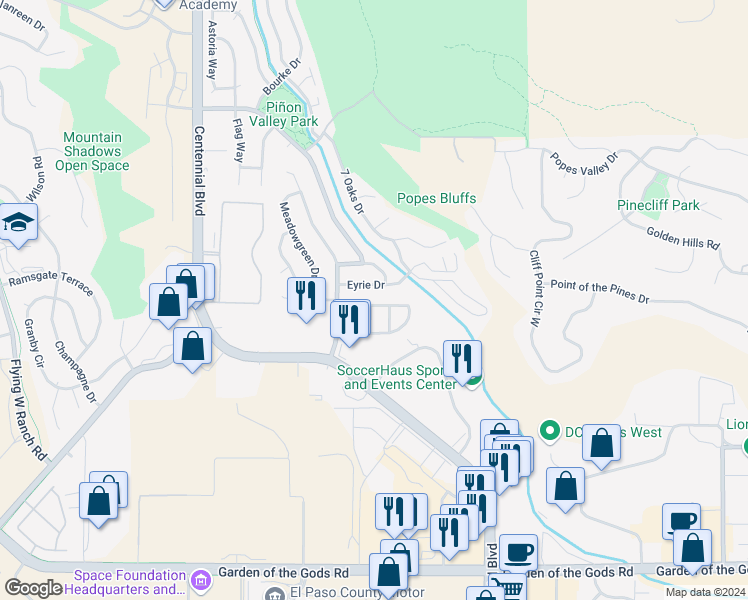 map of restaurants, bars, coffee shops, grocery stores, and more near 1610 Pinon Glen Circle in Colorado Springs